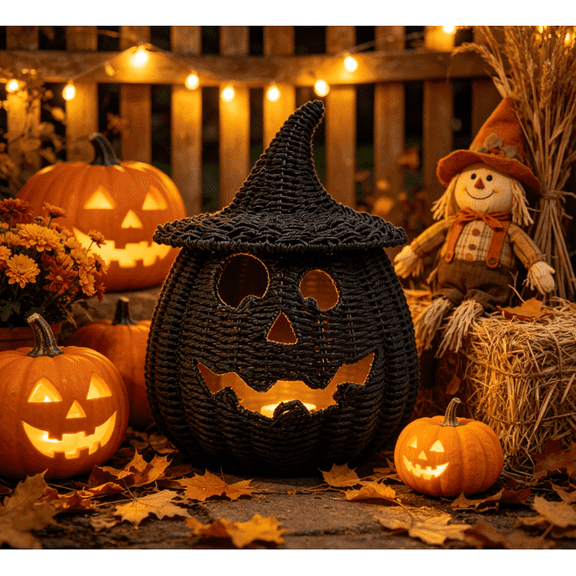 Halloween Woven Pumpkin Lantern with Witch Hat, Jack-O-Lantern Style Tabletop Decoration, LED Lighted Pumpkin Ornament for Indoor Halloween Decor
