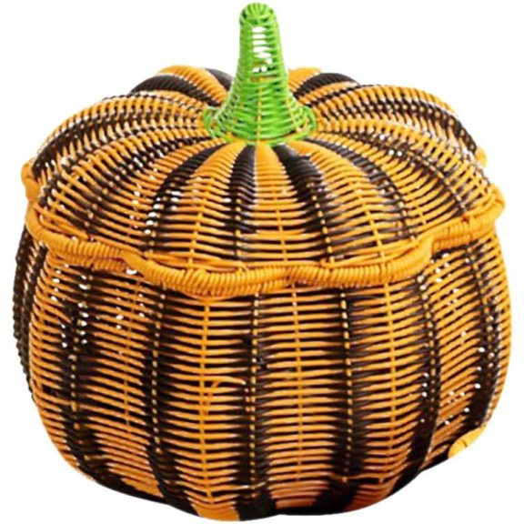 Halloween Woven Pumpkin Storage Basket with Lid, Rattan-Style Pumpkin Snacks Candy Fruit Container, Decorative Fall Halloween Storage Bin for Tabletop, Kitchen Counter, Entryway & Home Decor