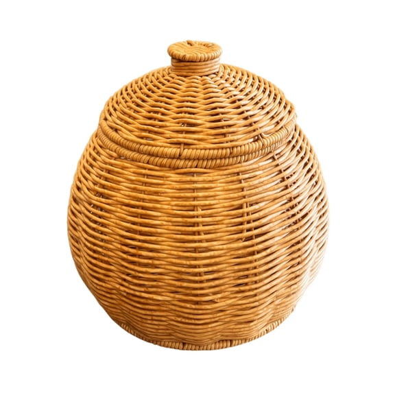 Halloween Woven Rattan Basket,Hand Woven Round Rattan Storage Basket With Lid, Pumpkin Shaped Storage,Spherical Pumpkin Wicker Container, Fall Harvest Home Tabletop Organizer,Fall Harvest Ornament-A