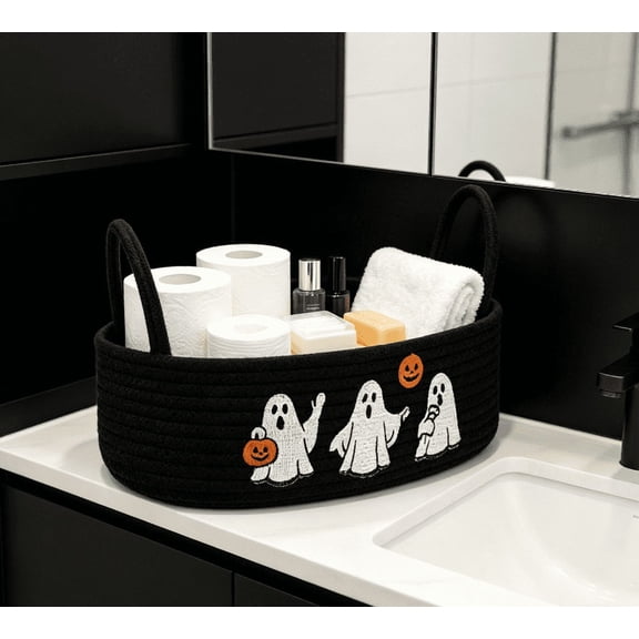Halloween Woven Rope Basket, Large Boo Ghost Craft Basket, 2026 Halloween Essential, Sturdy Carry Handle, Perfect Candy Container and Holiday Party Favor,Space-saving Organizer,