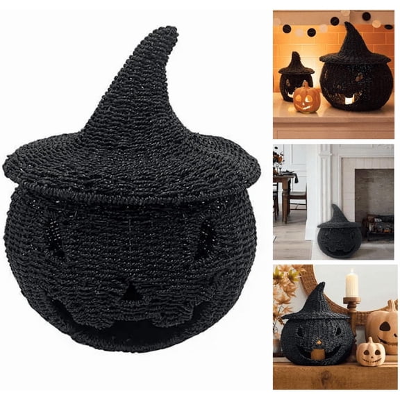 Halloween Woven Seagrass Pumpkin Basket with Black Witch Hat Lid - Handcrafted Rattan Style Candy Storage & Home Decor