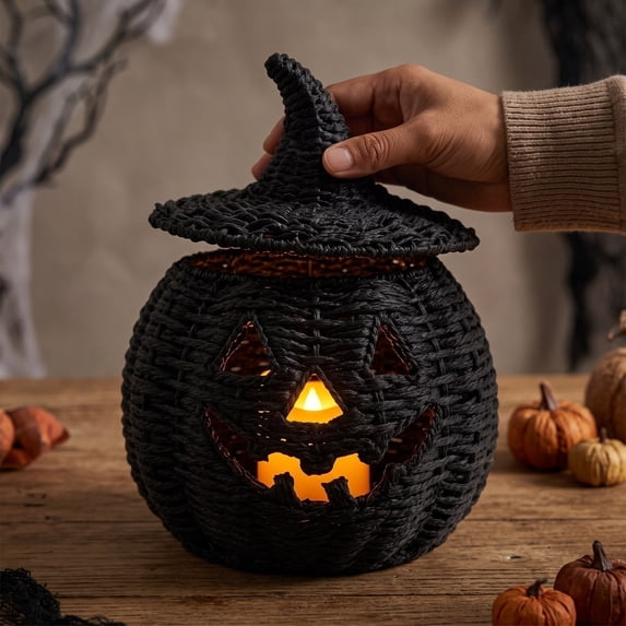Halloween Woven Seagrass Pumpkin with Witch Hat Lid , Halloween Decorations Indoor Fall Decor & Horror Decor, Halloween Witch Lamp Lantern for Home Shelf Mantel Display, 6.3 Inch