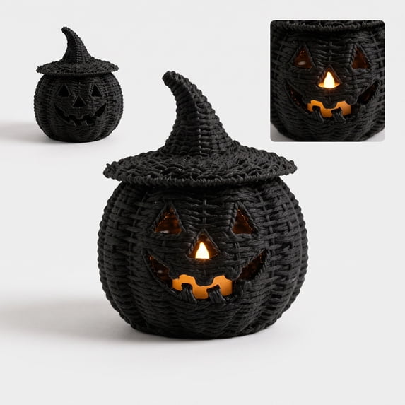 Halloween Woven Texture Pumpkin Lamp, Light Up Ornament with Built-in LED Candle, Tabletop Decor for Home Indoor Holiday Party