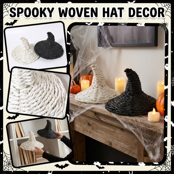 Halloween Woven Witch Hat Decor, Handmade Rattan Ghost Hat Ornament Tabletop Holiday Home Decoration, Rustic Festive Accent (2PCS)