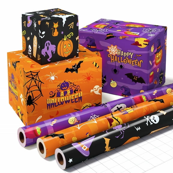 Halloween Wrapping Paper - 3 x 10 ft Skull Ghost Pumpkin Bat