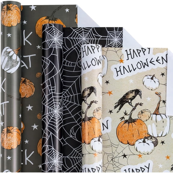 Halloween Wrapping Paper Roll - Mini Roll - Spooky Design with Pumpkins, Ravens, Spider Webs for Gift Wrap, DIY Craft - 17 x 120 inches - 3 Rolls (42.5 sq.ft.ttl.)