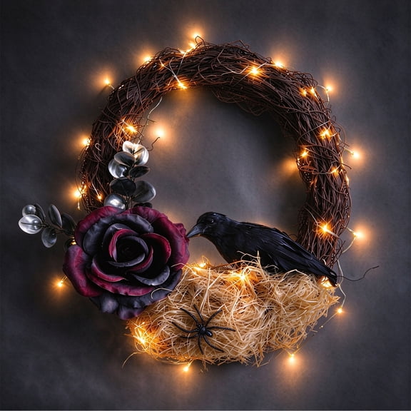 Halloween Wreath, 10 Inch Halloween Garland with Crow Vines, Artificial Dead Branch Wreath with LED Light, Halloween Home Party Decor Sturdy Build, for Porch Window Wall Decor