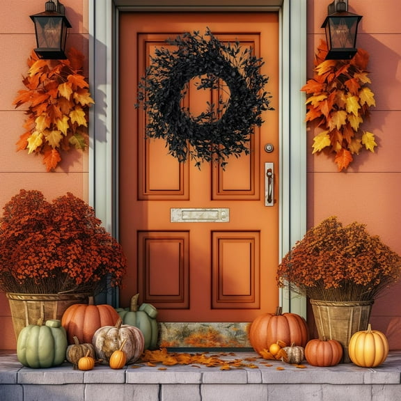 Halloween Wreath 12 Inches Thanksgiving Door Decor Plastic Pumpkin Garland for Window Table Centerpiece Fall Harvest Party Decorations