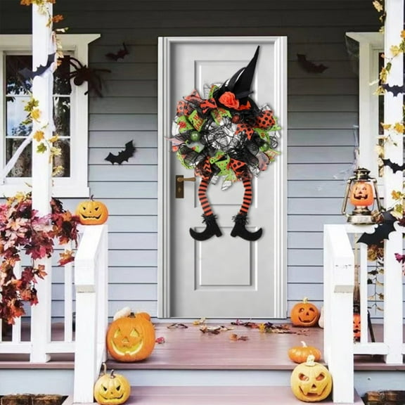 Halloween Wreath, 16inch Halloween Witch Decorations, Halloween Door Decor Garden Hanging Witch Garland Pendant with Witch Hat Legs for Front Door, Witch Wreath