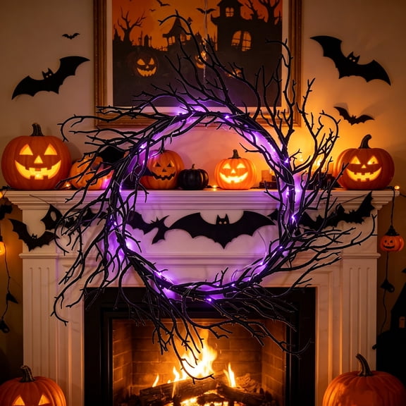 Halloween Wreath 17.32 Inch, Light Up Black Branch Garland with Purple Lights, Spooky Gothic Front Door Garland for Porch Yard, 1PC
