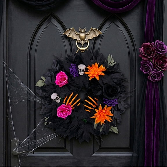 Halloween Wreath, 19.69in Black Artificial Maple Leaf Front Door Wreath with Skull Skeleton Hand Purple Spider Web Roses, Gothic Floral Wreath for Porch Wall Indoor Outdoor Halloween Festival Decor
