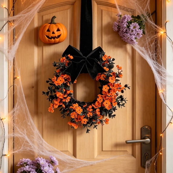 Halloween Wreath - 8.6 Inch Small Halloween Wreaths with Bow,Decorative Hanging Wreath for Front Door,Cabinet,Window,Wall Decor,Fall Wreath for Thanksgiving Halloween Decor(A)
