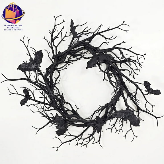 Halloween Wreath Bat Black Branch Wreaths With Red LED Light Wreaths For Doors Window Flower Garland Halloween Decoration