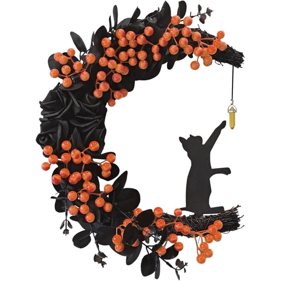Halloween Wreath - Black Cat Moon Door Decor with Lights for Indoor Outdoor Party Wall, Unique Crescent Moon Wreath Design, Perfect Halloween Decorations for Front Door