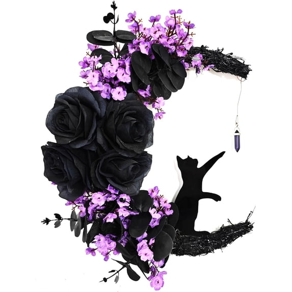 Halloween Wreath - Black Cat Moon Door Decor with Lights for Indoor Outdoor Party Wall, Unique Crescent Moon Wreath Design, Perfect Halloween Decorations for Front Door
