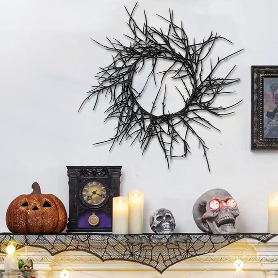 Halloween Wreath, Black Twig Wreath for Front Door, Artificial Spooky Branch Decor for Indoor Outdoor Home Party, Wall Hanging Ornament