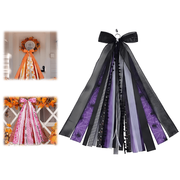 Halloween Wreath Bow - Black Purple Spider Web Sash for Front Door Decoration - Large Gothic Ribbon Streamers - 5 Colors