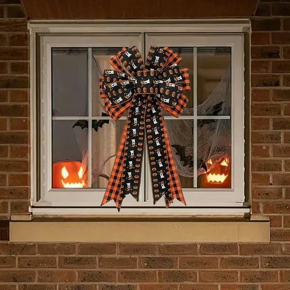 Halloween Wreath Bow, Pre-Tied Pumpkin Ghost Pattern Bowknot with Lace Edge, Durable Nylon Fabric for Outdoor Decor, Door, Fence, Party, Jumbo 20x11 Inch Decorative Ribbon