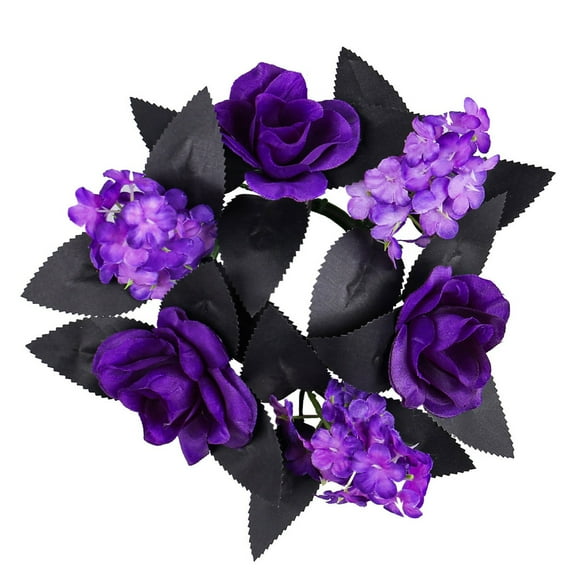 Halloween Wreath Candle Rings Purple Flower Candle Holder Black Gothic Artificial Wreath, Purple Black Leaf Wreath Pendant for Halloween Table Centerpieces Decorations