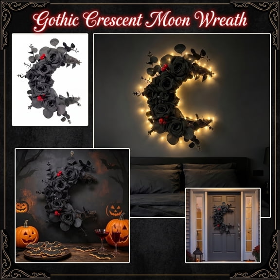 Halloween Wreath, Crescent Moon Decor, Gothic Halloween Decor, Black Home Decor, Crafted with Artificial Black Roses, Dark Eucalyptus and Scattered Red Berries for Spooky Seasonal