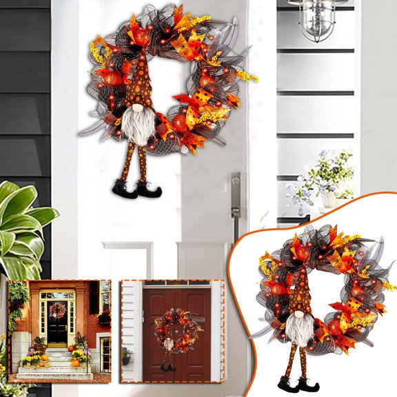 Halloween Wreath Door Hanging Wreath Dwarf Doll Decoration Pendant For Halloween Thanksgiving Christmas(Green)