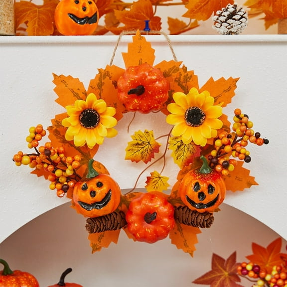Halloween Wreath Festival Decoration Maple Leaf Pumpkin Wall Hanging Arrangement Harvests Festival Door Hanging Fall Decor for Fireplace Porch Table 11.81 in