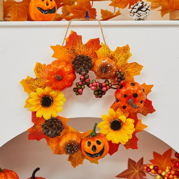 Halloween Wreath Festival Decoration Maple Leaf Pumpkin Wall Hanging Arrangement Harvests Festival Door Hanging Fall Decor for Fireplace Porch Table 11.81 in