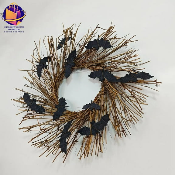 Halloween Wreath For Front Door Simulation Black Bat Garland Rattan Wreath Halloween Decoration For Haunted House Bar Party Prop