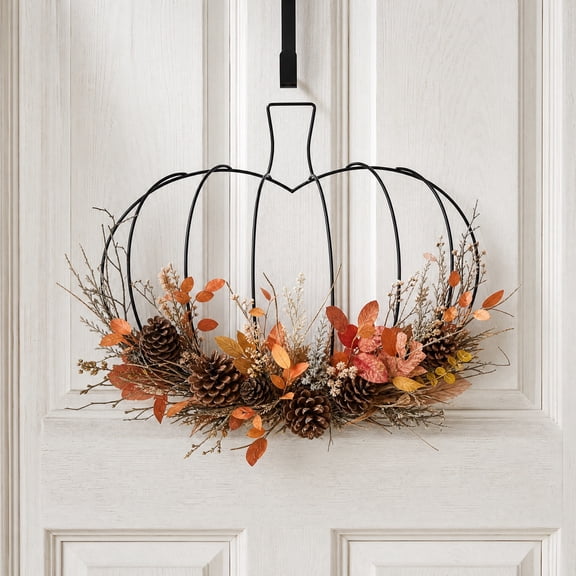 Halloween Wreath Frame, 10 Inch Metal Pumpkin Form for DIY Front Door Wall Decor, Sturdy Iron Wreath Base for Fall Garland Ribbon Craft, Reusable Pumpkin Frame for Halloween Party Display