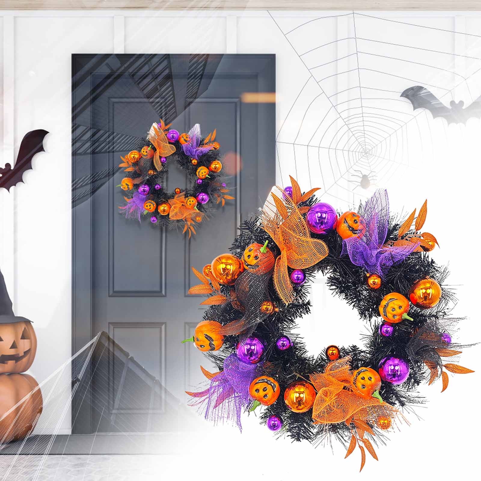 Halloween Wreath for Front Door - 18inch Black Wreaths with Pumpkin ...