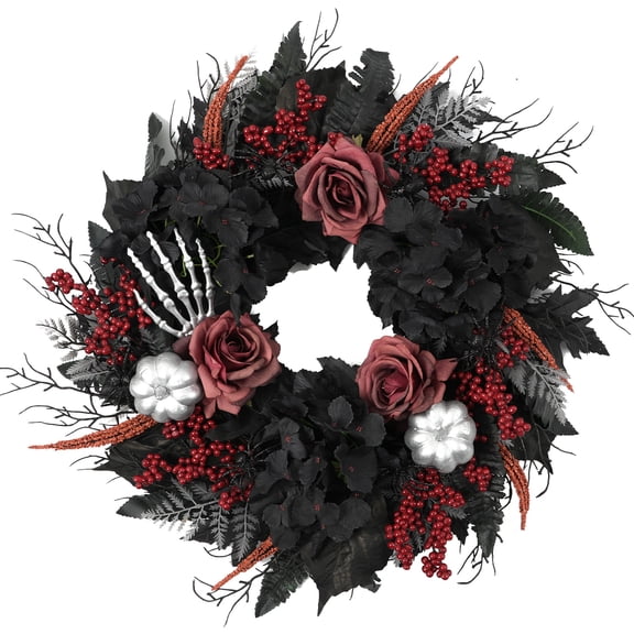 Tempus 22 in Faux Halloween Wreaths for Front Door Black Roses Skeleton