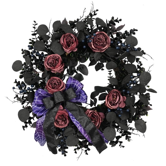 Tempus 20 in Artificial Halloween Wreaths for Front Door Black Roses Spiderweb Bow
