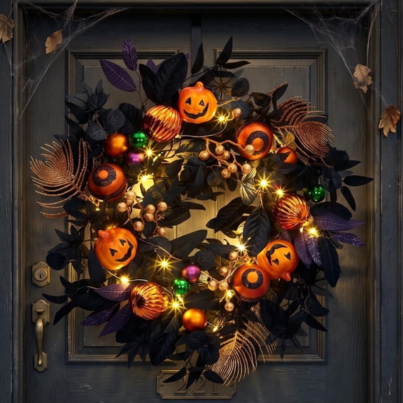 Halloween Wreath for Front Door, 20in Lighted Jack-O'-Lantern Pumpkin Wreath with 20 LED Lights Timer and Black Leaves, Halloween Decorations for Indoor Wall Window Home Decor
