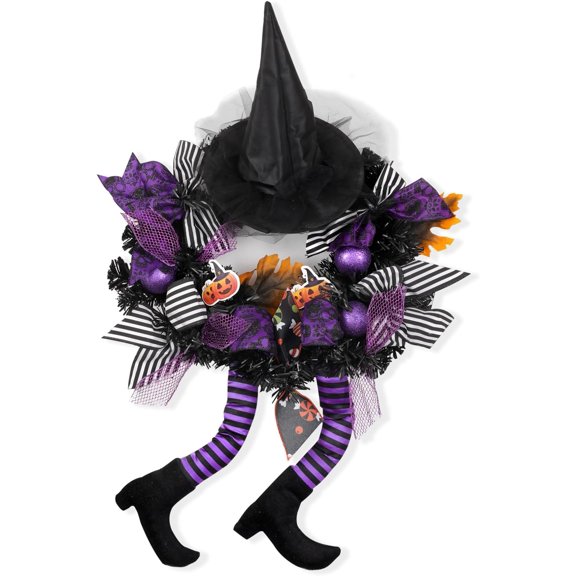 Halloween Wreath for Front Door Multi-Legged Witch Outdoor Decorations Outside Scary Signs Decor Large Black Clearance Hangers Happy Decoration Orange Ornaments Wreaths Maple Leaf Party