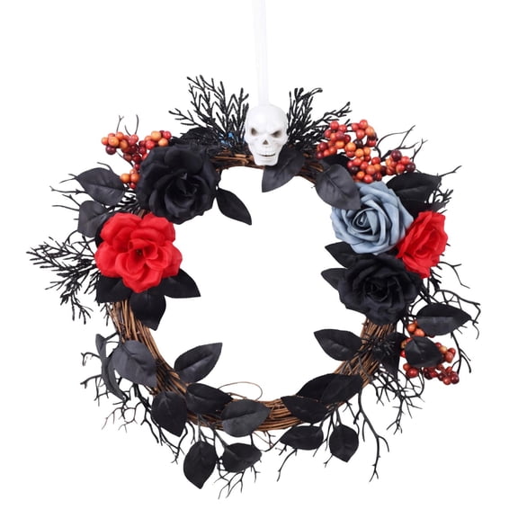 Halloween Wreath Gothic Artificial Rose Skeleton Accent 16 Inch Spooky Decor for Front Door Porch Indoor and Outdoor Use Home Party Display