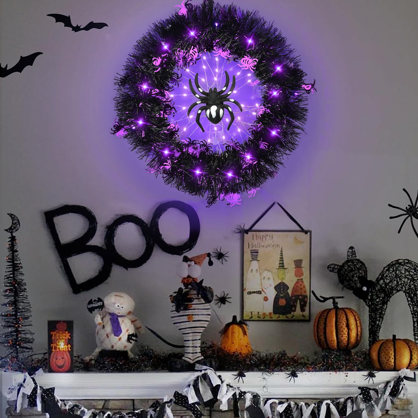 LED Halloween Wreath with Spider Decorations, Ideal for Indoor and ...