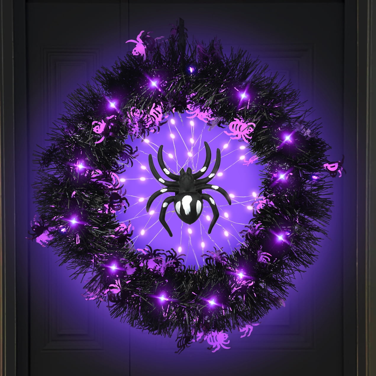 Halloween Wreath Halloween Spider Decorations Wreath with Lights, Halloween Spider Garland LED Halloween Door Wreath for Halloween Party, Halloween Decorations 