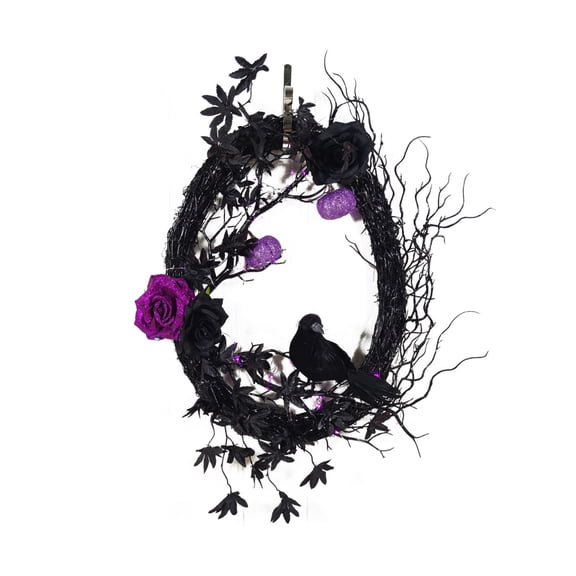Halloween Wreath with LED Lights, Gothic moon wreath, Purple Roses, Black Crow, and Artificial Twig Oval Wreath for Front Door, Window, Fireplace Home Decor