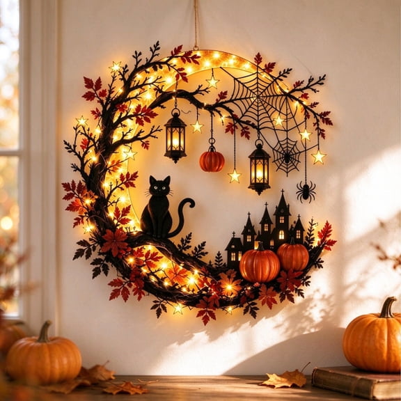 Halloween Wreath Light Hanging Decoration, 11.81" Moon Cat Maple Leaf Pumpkin LED Glow Decor, Window Porch Wall Indoor Outdoor Hanging Decorations, Farmhouse Halloween Ornaments