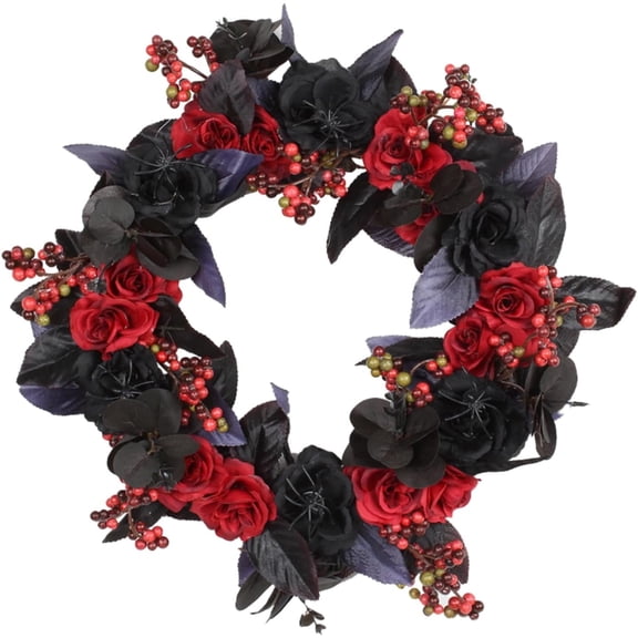 Halloween Wreath With Lights for Front Door,Black Red Rose Wreaths,15 Inch Colorful Berries Wreaths Decor with Black Leaves Garland Ornament for Wall,Porch,Window,Indoor Outdoor Halloween Accessories