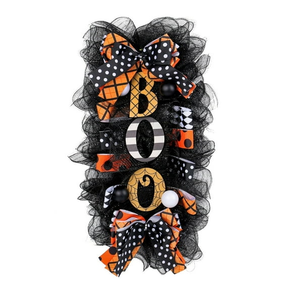 Halloween Wreath Outdoor, Scary Themed Festive Front Door Hanging Gothic Halloween Decor, Halloween Swag Wreath with Mesh Ribbon for Home Front Door, Porch, Window, Fence