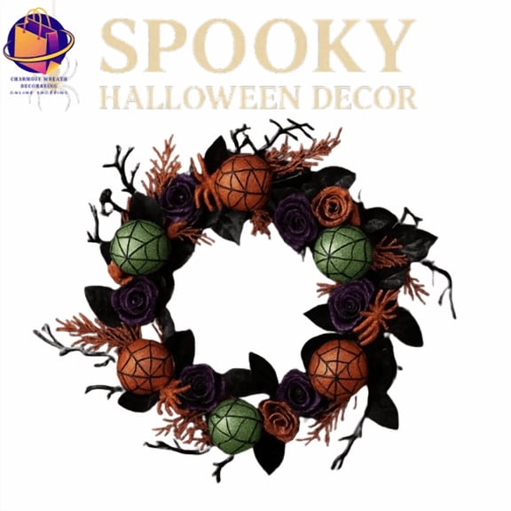 Halloween Wreath Rose Spider Web Artificial Flower Creative Garland Hanging Festival Porch Window Outside Home Decor