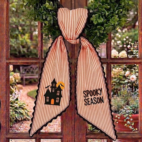 Halloween Wreath Sash Bow, Plaid Ghost Print Ribbon for Front Door Wreath, Fall Garland & Farmhouse Decor