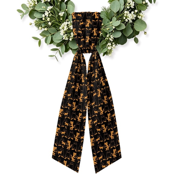 Halloween Wreath Sash for Front Door, Black Orange Cartoon Scary Ghosts Cat Wreath Bow Accent for Fall Christmas Holiday Door Decor, Ribbon Sash for Wreaths, Porch Home Decoration