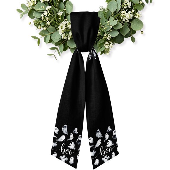 Halloween Wreath Sash for Front Door, Boo Ghost Cute Spooky Black Wreath Bow Accent for Fall Christmas Holiday Door Decor, Ribbon Sash for Wreaths, Porch Home Decoration