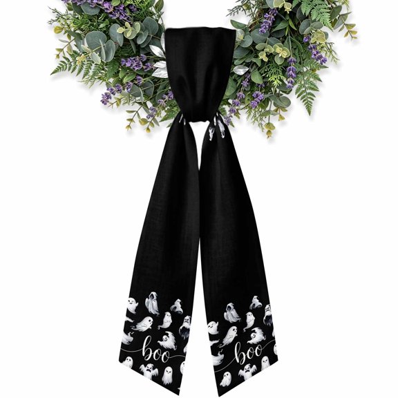 Halloween Wreath Sash for Front Door, Boo Ghost Cute Spooky Black Wreath Bow Holiday Garland Ribbon Wreath Accessories for Home Yard Porch Doorway Fall Christmas Decorations Gifts
