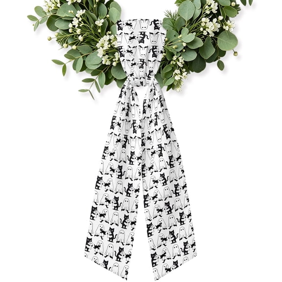 Halloween Wreath Sash for Front Door, Cartoon Horror Spooky Ghosts Cat White Black Wreath Bow Accent for Fall Christmas Holiday Door Decor, Ribbon Sash for Wreaths, Porch Home Decoration