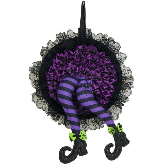 Halloween Wreath Witch, Halloween Wreaths for Front Door with Witch Hat Leg Mesh Decor, Halloween Decorations Indoor Outdoor
