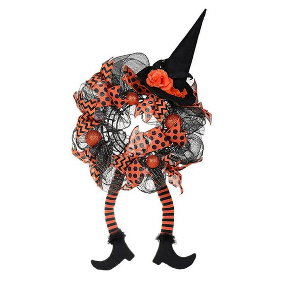 Halloween Wreath Witch, Halloween Wreaths for Front Door with Witch Hat Leg Mesh Decor, Halloween Decorations Indoor Outdoor