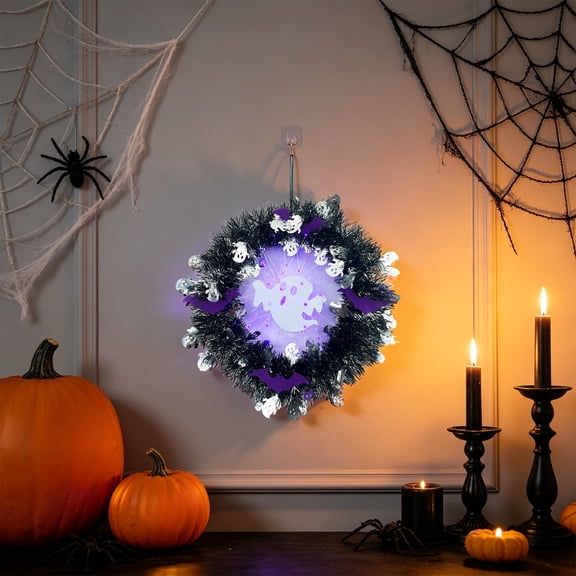Halloween Wreath With Lights Waterproof Black Grapevine Ghost Decor, Halloween Wreath